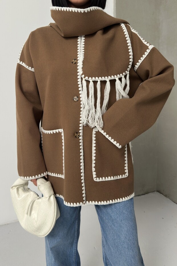Embroidery Detailed Scarf-Style Soft Knitwear Cardigan Jacket Coffee