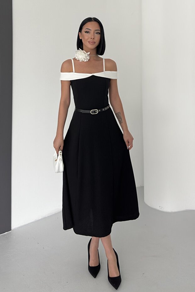 Double Color Midi Belted Black Dress