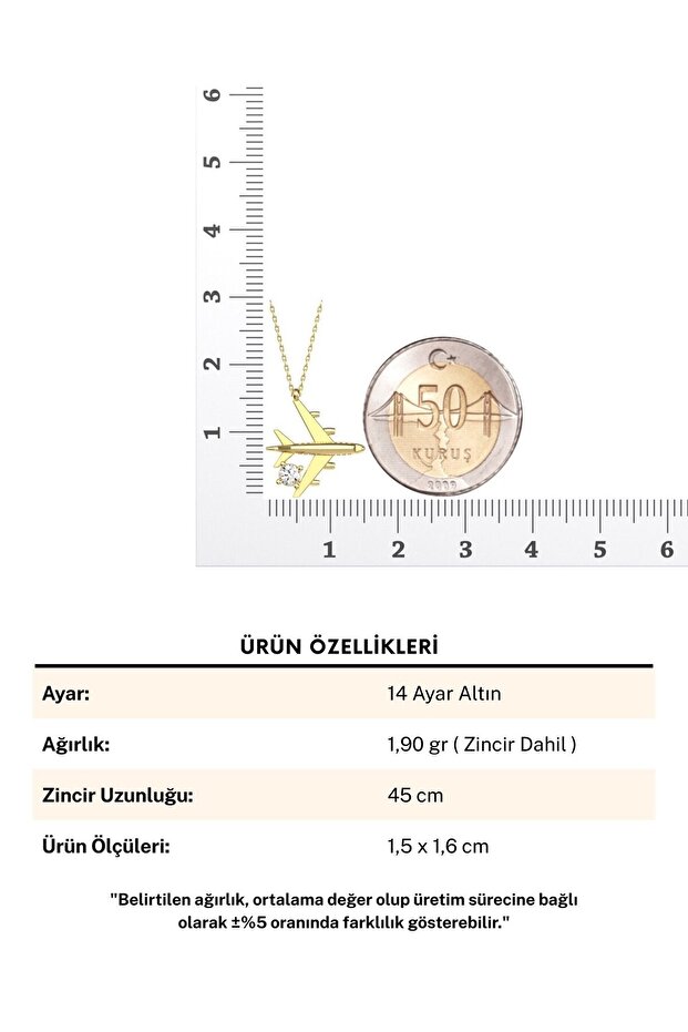Tek Taşlı Uçak 14 Ayar Altın Kolye - 5