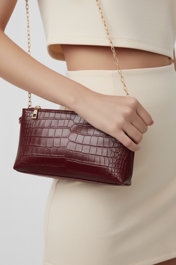 Velia Burgundy Women's Crocodile Clutch and Cross Chain Shoulder Bag