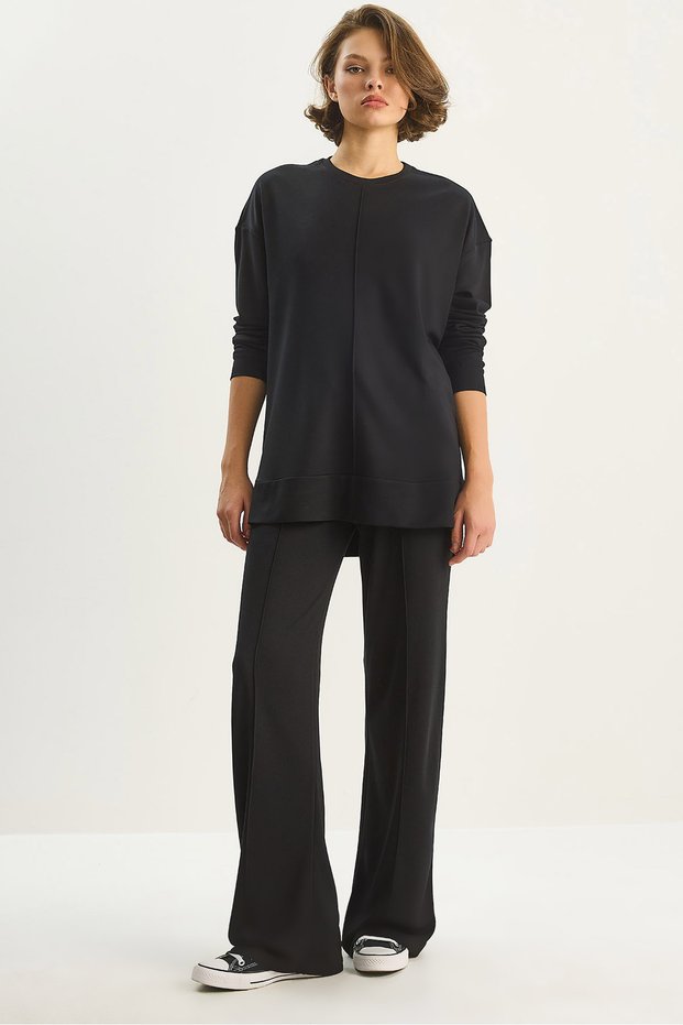 Women's Black Crew Neck Long Sleeve Top Ribbed Elastic Waist Loose Pants Modal Set 9401 60283624