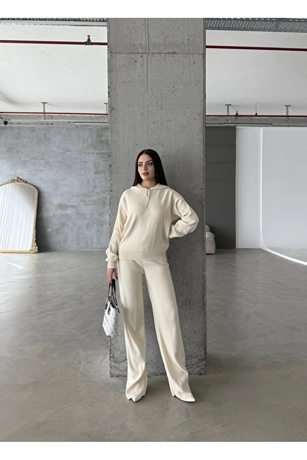 Kapşonlu Triko Takım Krem - 3