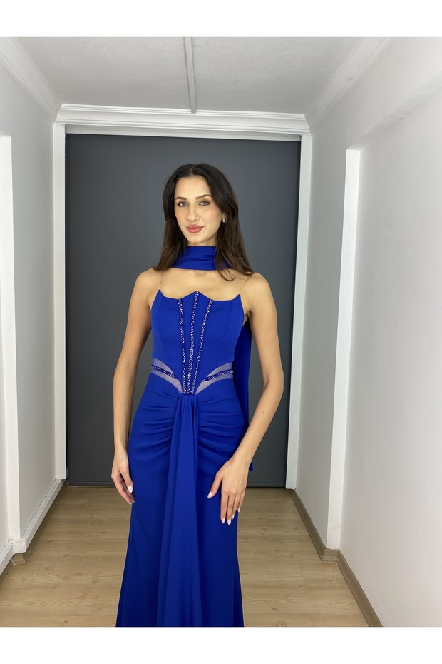 Sax Straplez Bel Transparan Yırtmaçlı Krep Uzun Abiye Elbise - 6