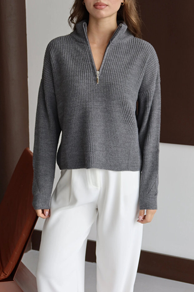 Kadın Antrasit Oversize Fermuarlı Basic Triko Kazak - 5
