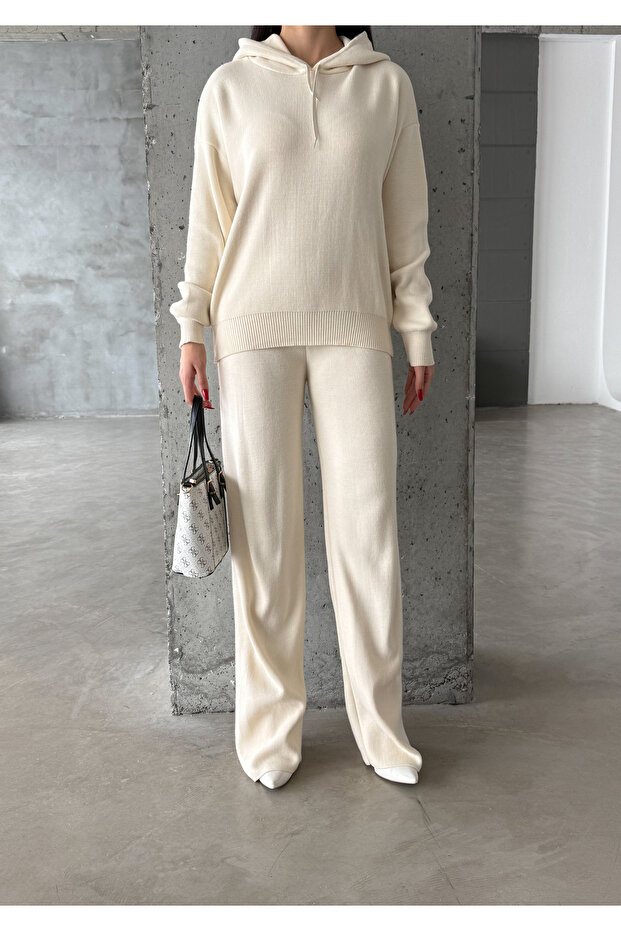 Kapşonlu Triko Takım Krem - 1