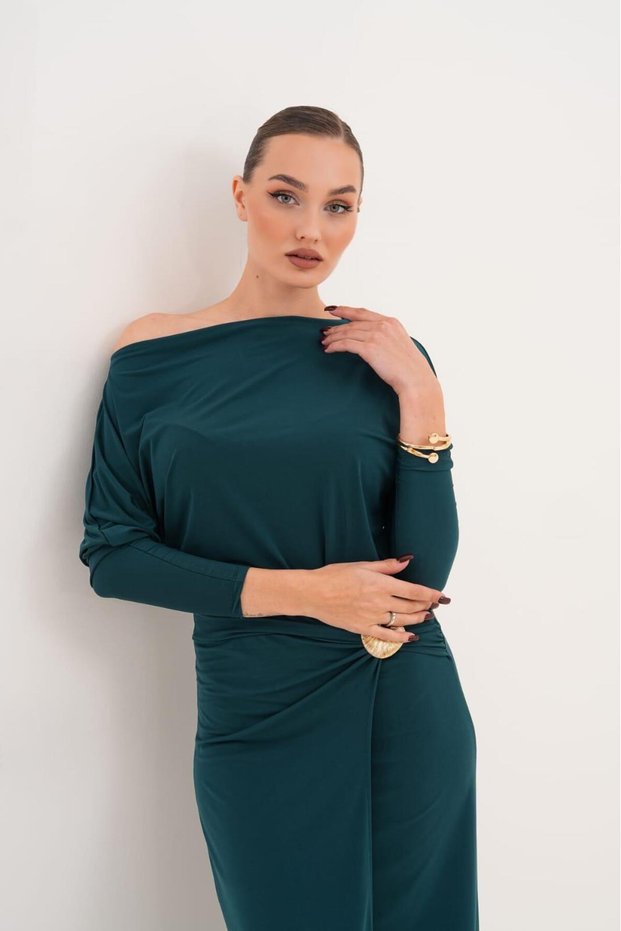 Gold buckled slit asymmetrical shoulder midi dress | Evening dress, cocktail, prom, event