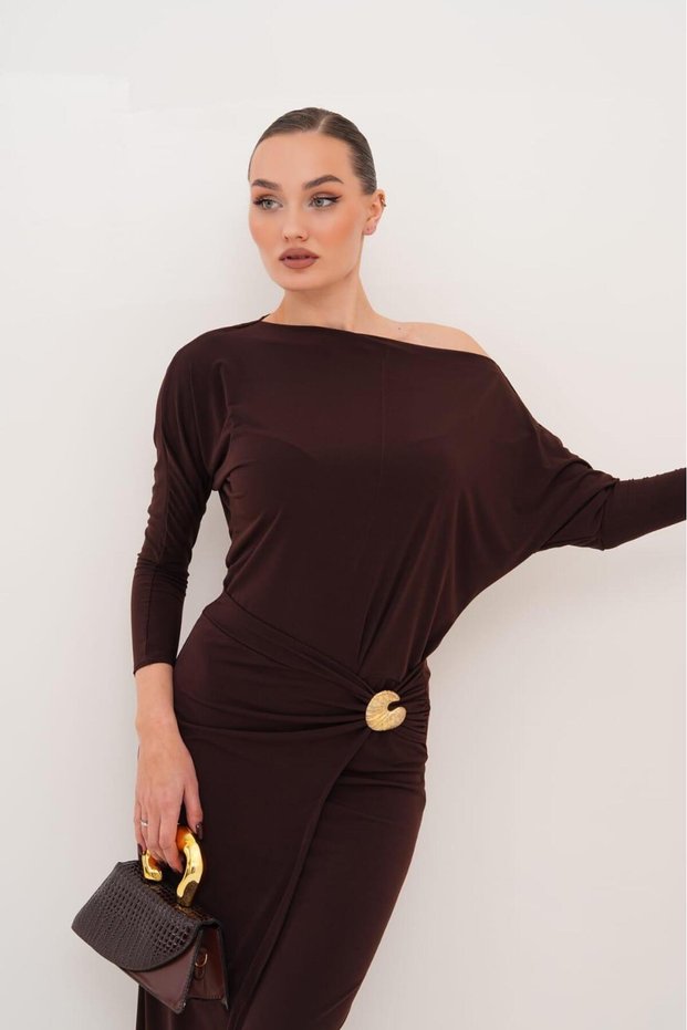 Gold buckled slit asymmetrical shoulder midi dress | Evening dress, cocktail, prom, event