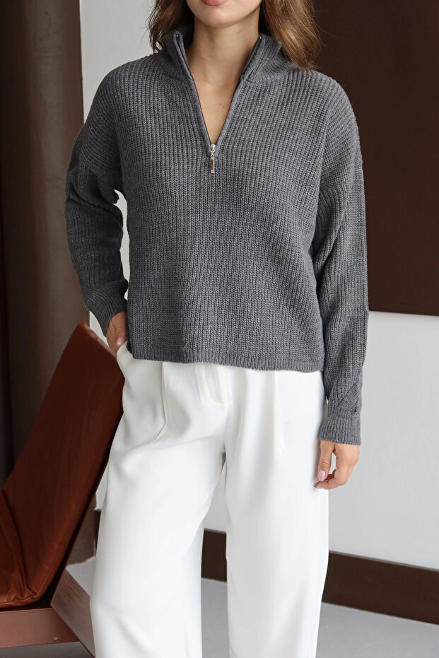 Kadın Antrasit Oversize Fermuarlı Basic Triko Kazak - 2