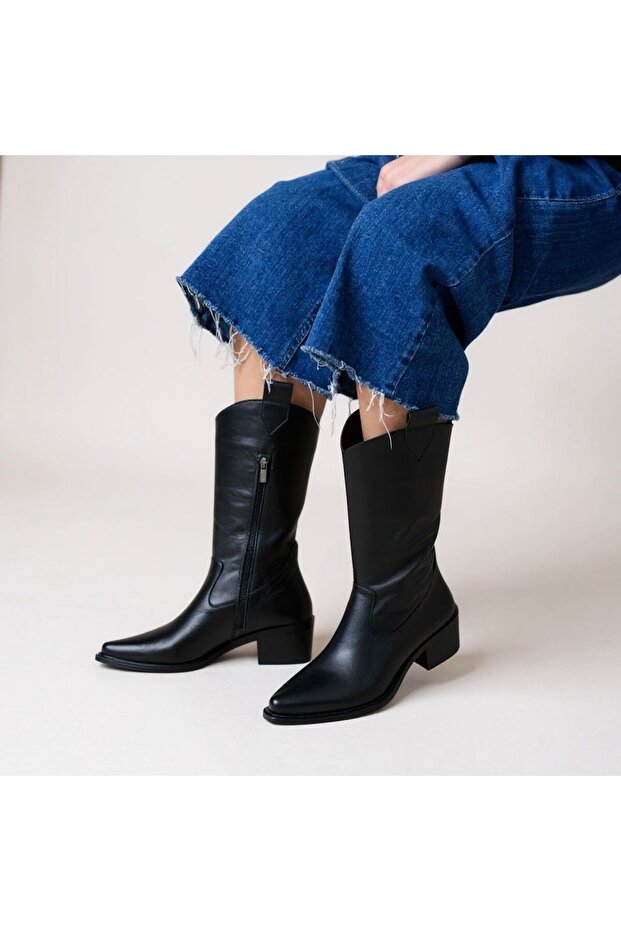 Black Genuine Leather Half Zippered Inside Mid-Heeled Women's Boots