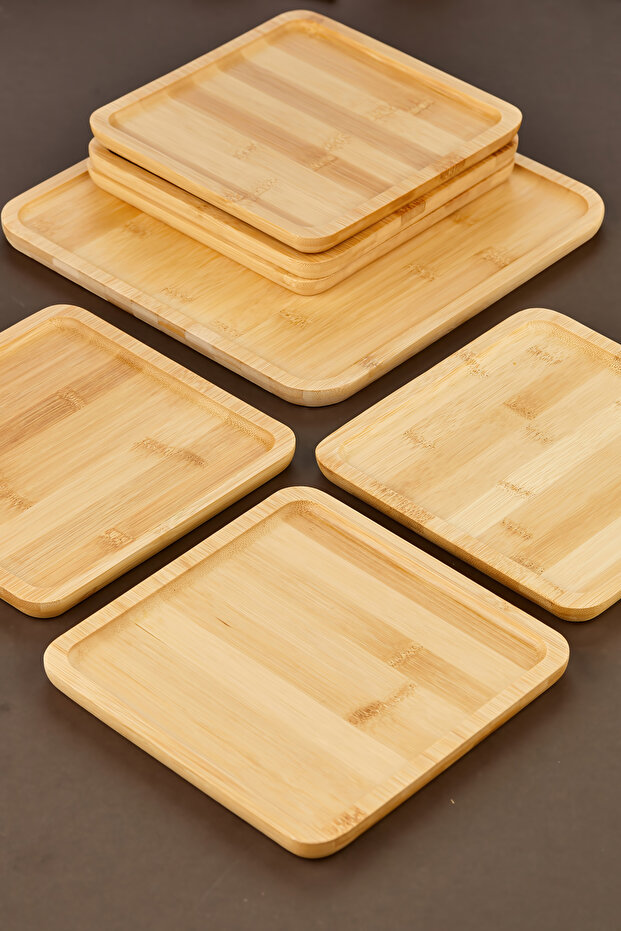7 Parça Bambu Pasta Takımı/Bambu Sunumluk/Kahvaltı Tabağı/Bambu Kare Pasta seti - 5