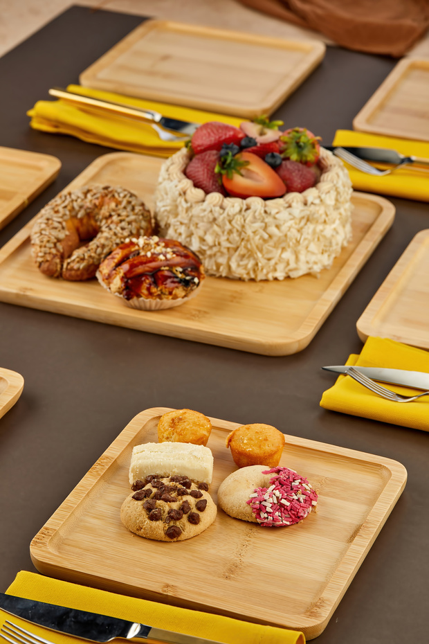 7 Parça Bambu Pasta Takımı/Bambu Sunumluk/Kahvaltı Tabağı/Bambu Kare Pasta seti - 3