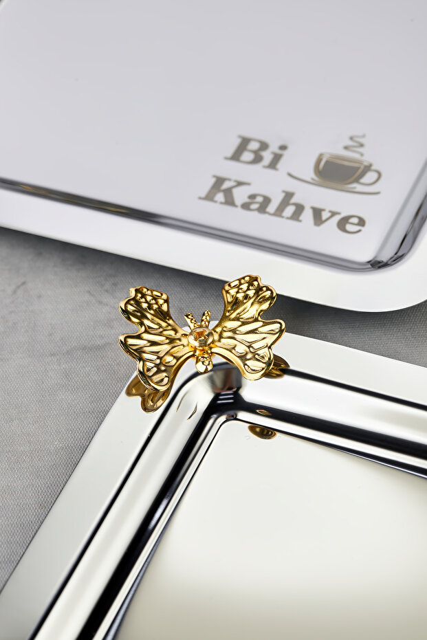 6'lı Bi Kahve Metal Kelebekli Kahve Sunum Tepsisi/Kare Sunum Tepsi - 2