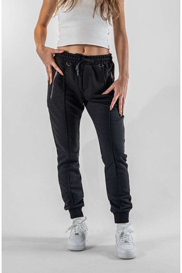 Women's Zipper Pocket Elastic Leg Black Sweatpants