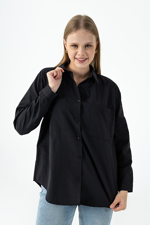 Women's Double Pocket Long Sleeve Basic Shirt Black - 26K 2013