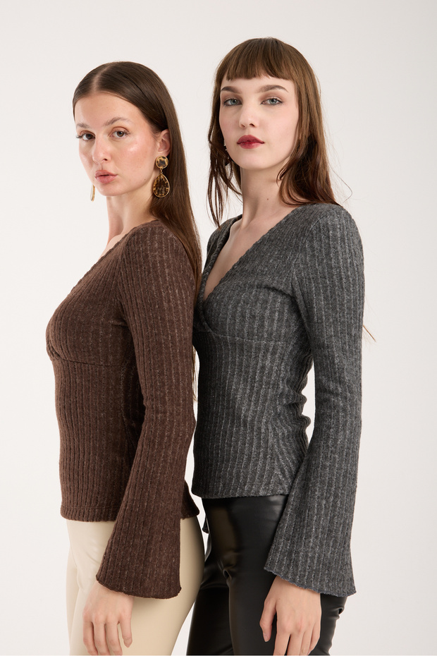 Füme Anvelop Yaka İspanyol Kol Triko Bluz - 8