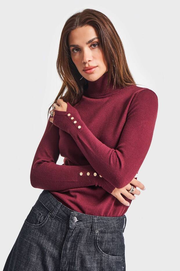 Women's Burgundy Color W5-35 Soft Thin Knitwear Fabric Turtleneck Knitwear Sweater