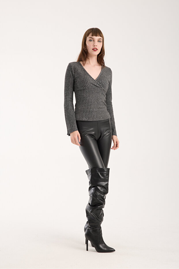 Füme Anvelop Yaka İspanyol Kol Triko Bluz - 3