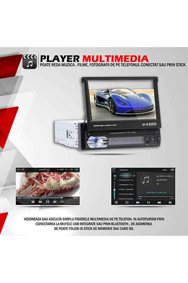 MP5 Player Universal Cu Android, MaxTech®, Casetofon cu Ecran Retractabil, Ecran LCD de 7 inch - 7