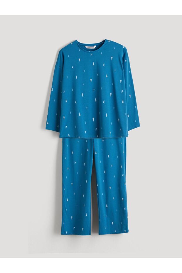 Bisiklet Yaka Yılbaşı Temalı Kadın Pijama Takımı - 1