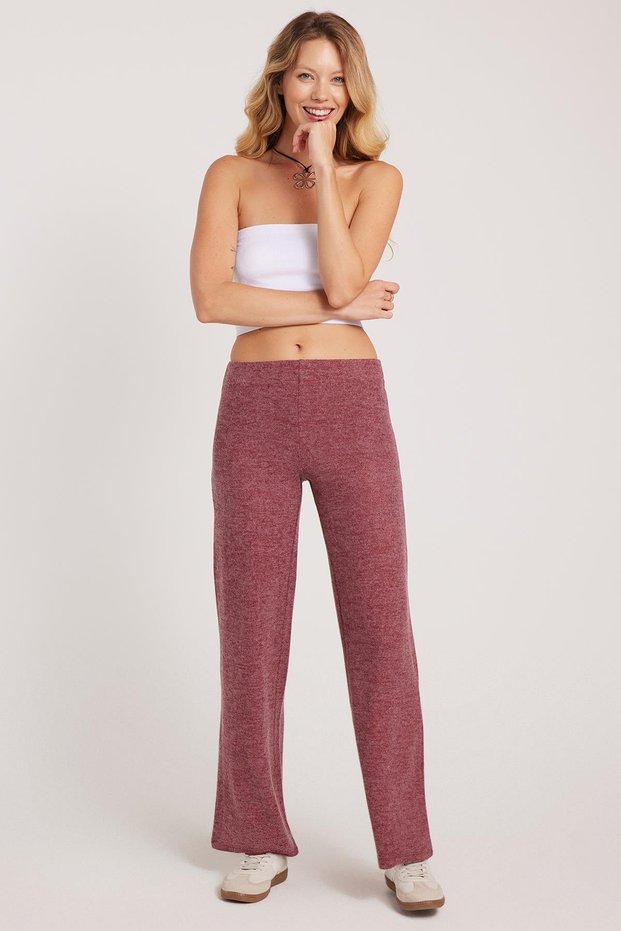Women's Relax Fit Comfortable Cut Regular Waist Wide Leg Burgundy Trousers