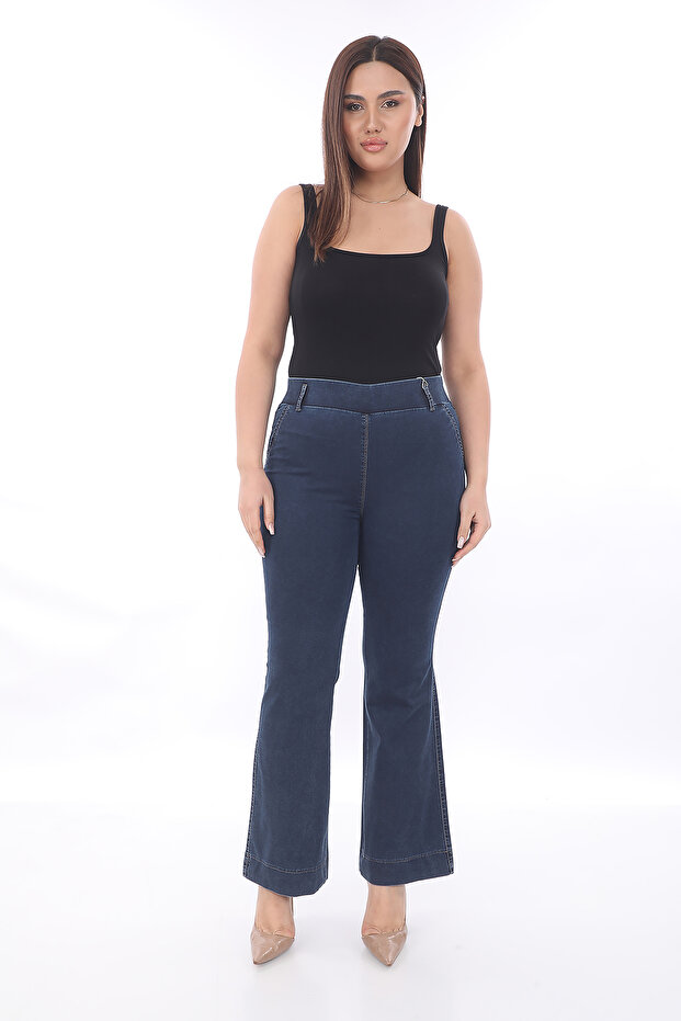 Women's Seasonal Denim Wide-Leg Jeans with Decorative Front Pockets in Navy Blue, Elastic Waist Jeans
