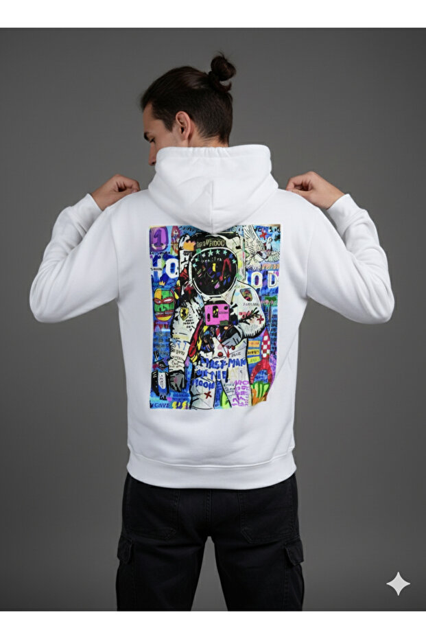 Lenithra Astronaut Pop Art Back Printed Unisex Oversize White Hoodie