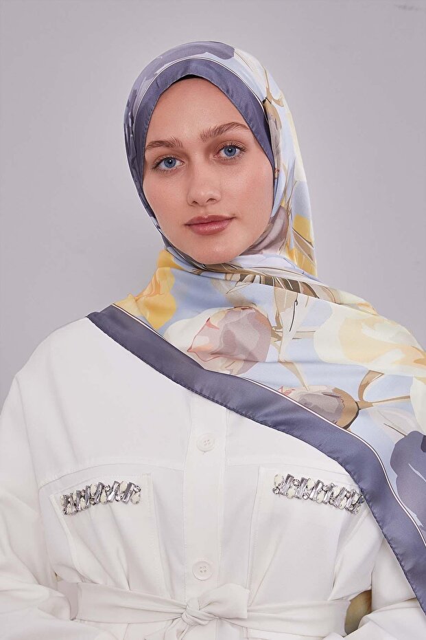 Lime Lotus Desen Hint İpeği Şal - 3