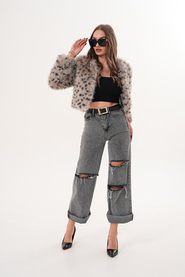 Crop Boy Basic Yaka Tüylü Ceket - 1