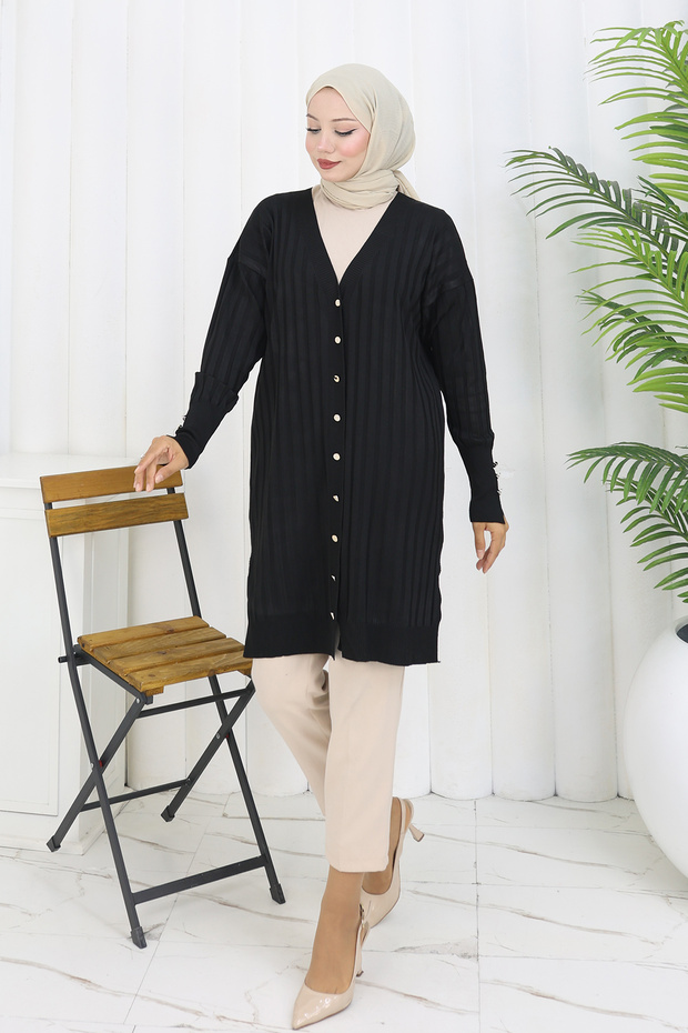 Self-Stripe Long Mercerized Cardigan N3179 Black