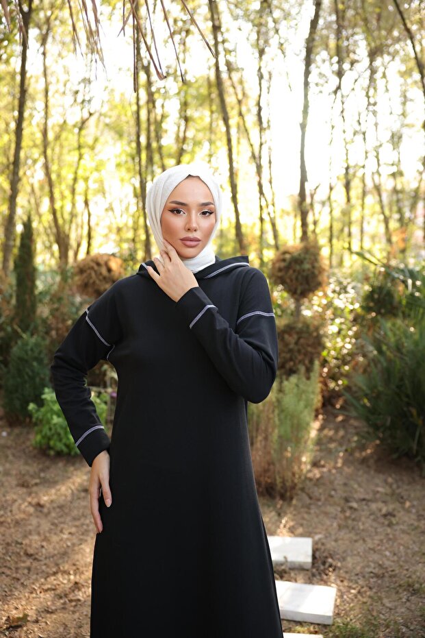 Hooded Long Sweat Pants Two-Piece Hijab Tracksuit Set - 03082.009 - Navy
