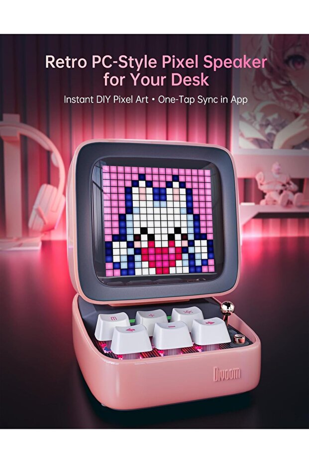 Ditoo Pixel Art Portable Bluetooth Speaker with App Controlled 16X16 LED Front Panel Pink - 2