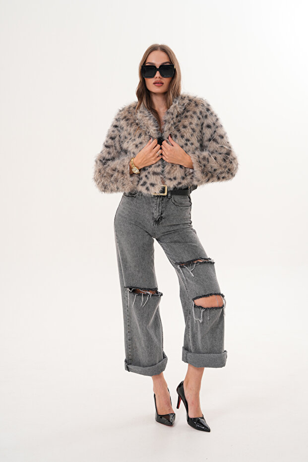 Crop Boy Basic Yaka Tüylü Ceket - 2