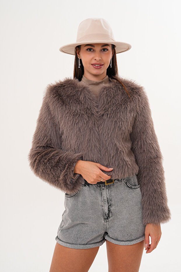 Crop Boy Basic Yaka Tüylü Ceket - 4