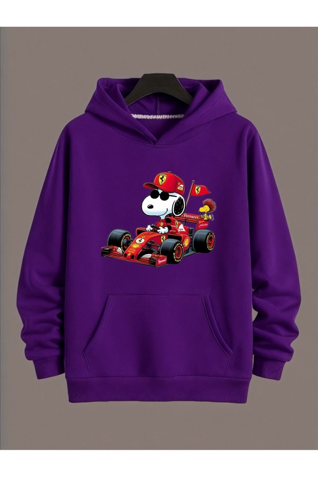 Unisex Snoopy Ferrari Colorful Custom Printed Cotton Oversize Hooded Sweatshirt