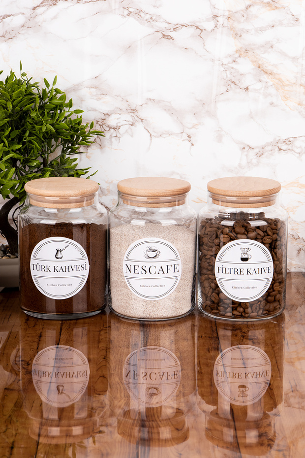 3 Adet 800 ml Ahşap Vakum Kapaklı Kahve Köşesi Seti Cam Kavanoz Etiket Hediyeli Kahve Seti - 4