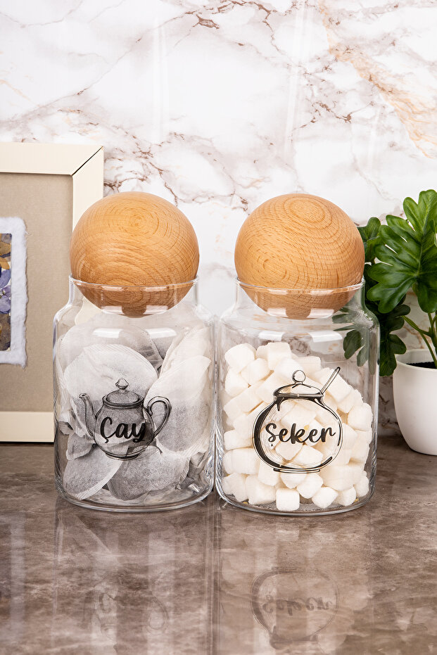2-Piece Modern Wooden Lid Tea & Sugar Storage Jar Set with Labels Storage Container 800 ml