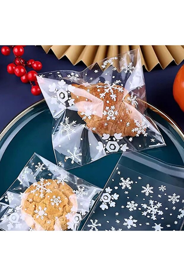 Kar Tanesi Kurabiye Poşeti, Çikolata, Şeker Poşeti, Hediyelik Poşeti, Bantlı Jelatin OPP 7x7 95 Adet - 3