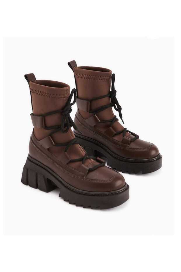 Kadın Strech Bağcıklı KAlın Tabanlı Moda Bot - 4