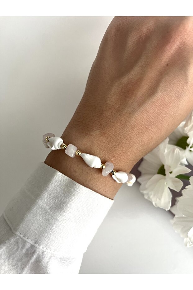 Marine Real Natural Stone & Seashell Gold Bracelet