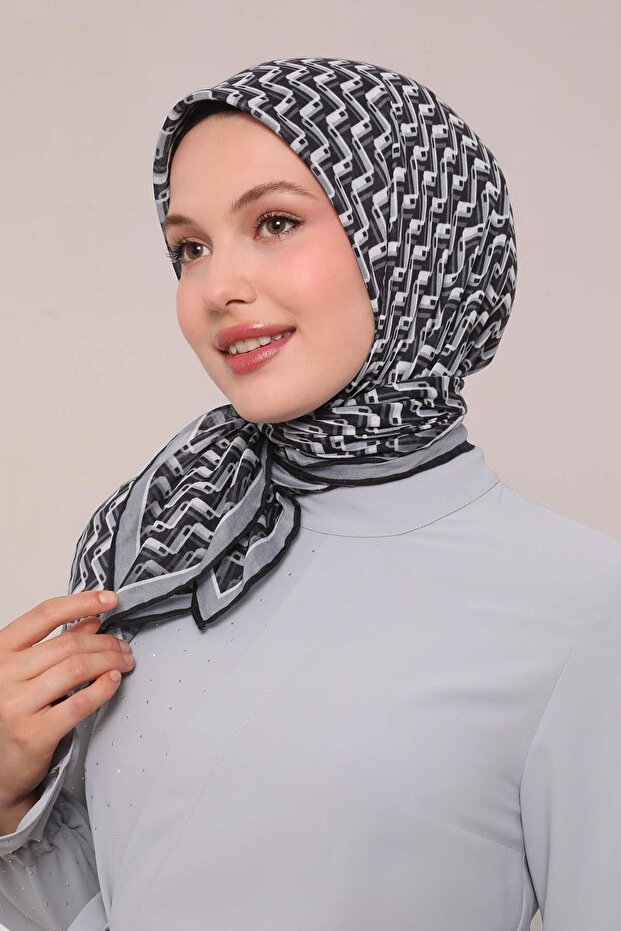 Gri Zigzag Desen Soft Eşarp - 1