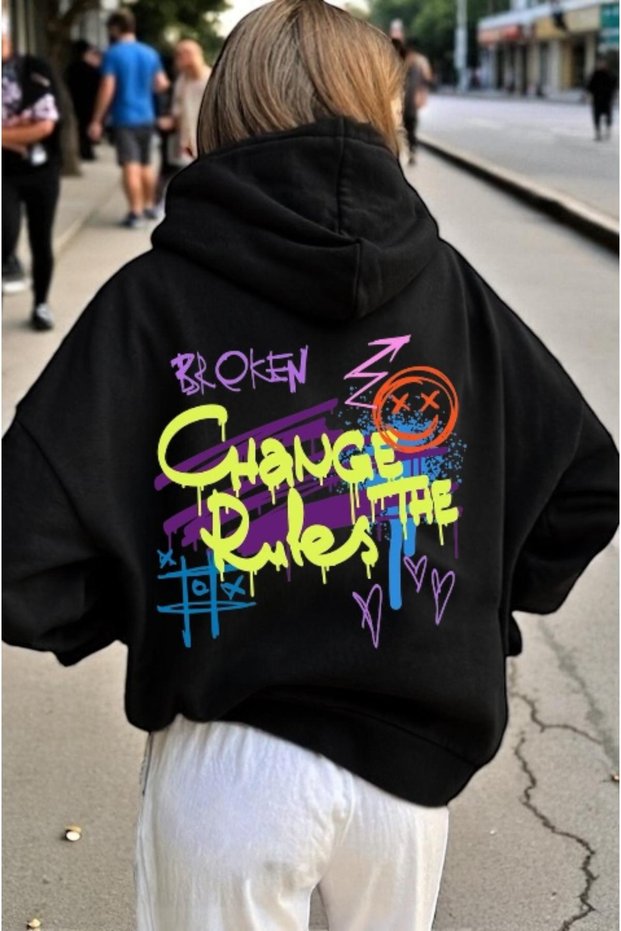 Unisex Broken Colorful Custom Printed Cotton Oversize Hooded Sweatshirt