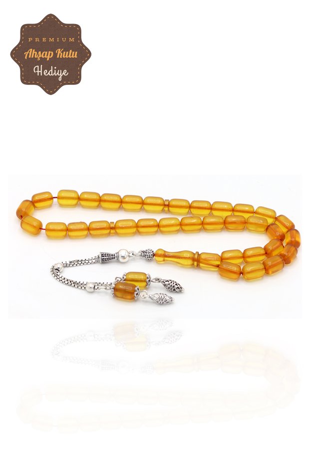 Yellow Capsule Cut Silver Tassel Fire Amber Prayer Beads 201024570