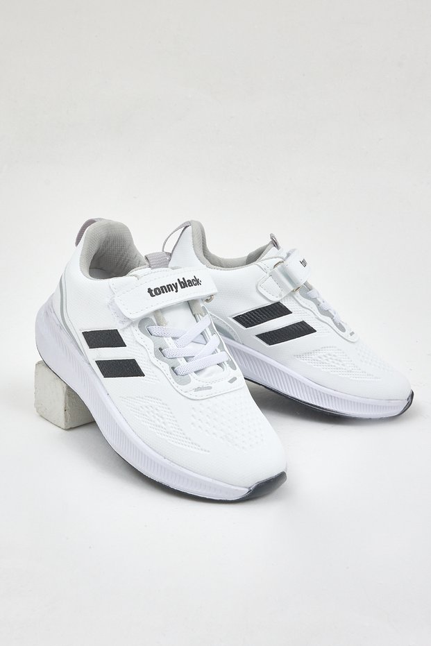Children's Unisex White Black Eva Sole Side Stripe Mesh Detailed Velcro Sports Shoes