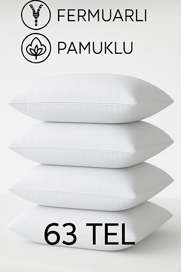 4 Pillowcases, 100% Cotton, White Color, Overlock Stitching, 63 Threads.