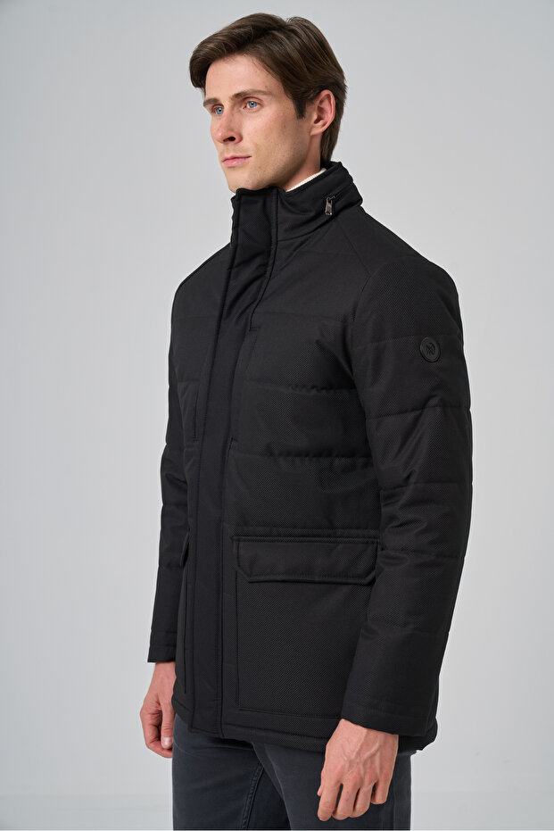 Erkek Siyah Polyester Çıtçıtlı Kapüşonlu Mont - 3