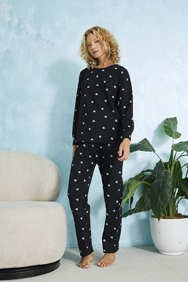 Kalp Desenli Uzun Kollu Pijama Takımı - 5