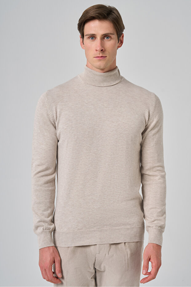 Erkek Bej Basic Balıkçı Yaka Dynamic Fit Rahat Kesim Triko - 2