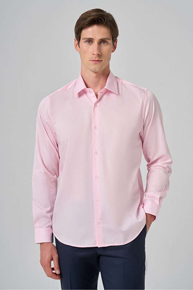 Erkek Pembe İhracat Dynamic Fit Sert Yaka Gömlek - 1