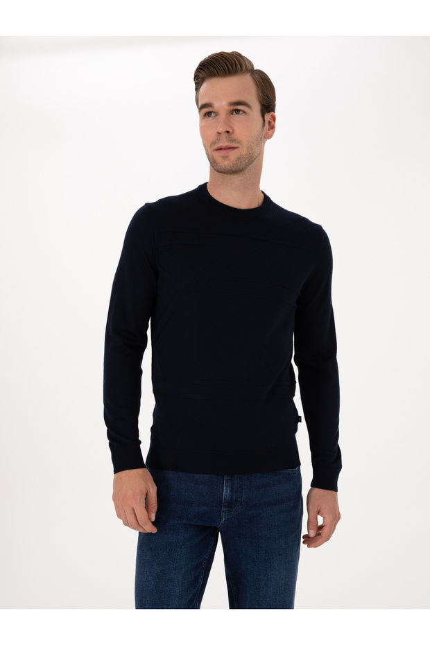 Navy Blue Slim Fit Wool Blend Crew Neck Knitwear Sweater 50311869-Vr033