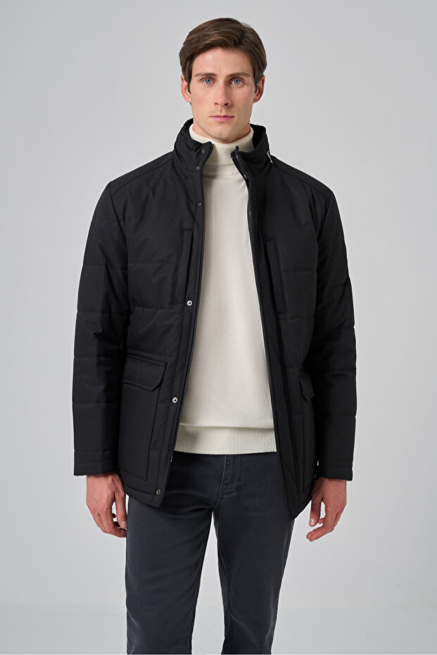 Erkek Siyah Polyester Çıtçıtlı Kapüşonlu Mont - 2